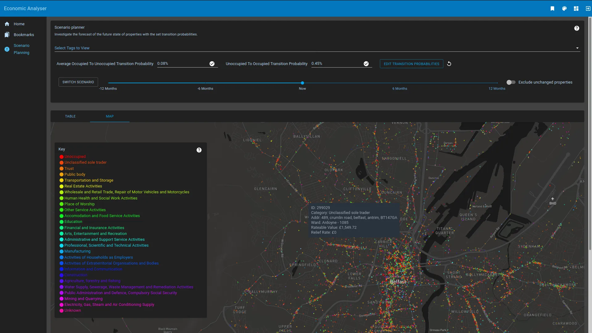 Scenario planner — property states in GIS and tabular form